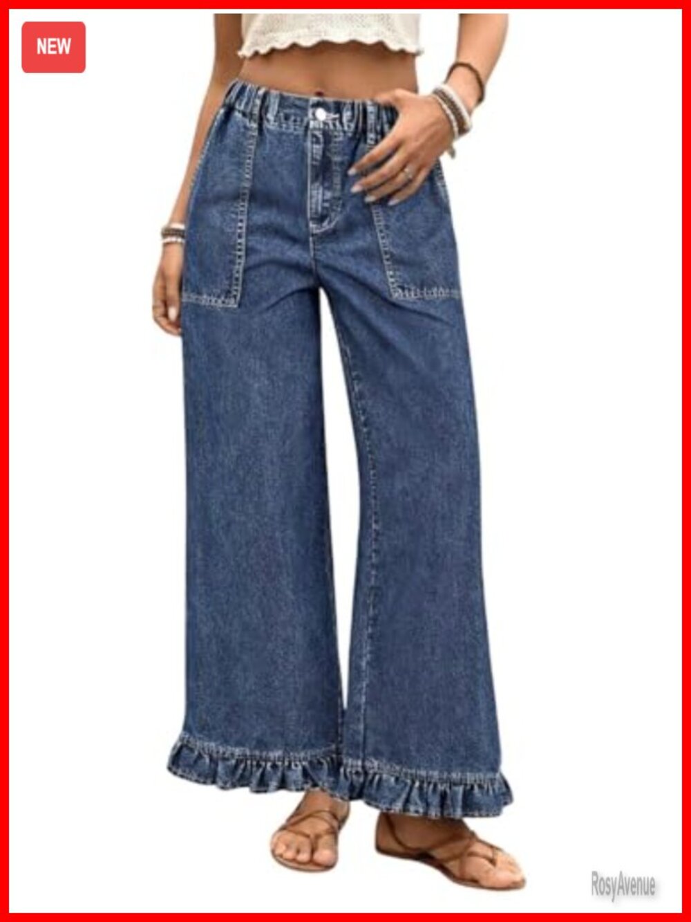 Ruffle Hem Wide Leg Jeans Elastic Waist Denim Pants Boyfriend Baggy Palazzo